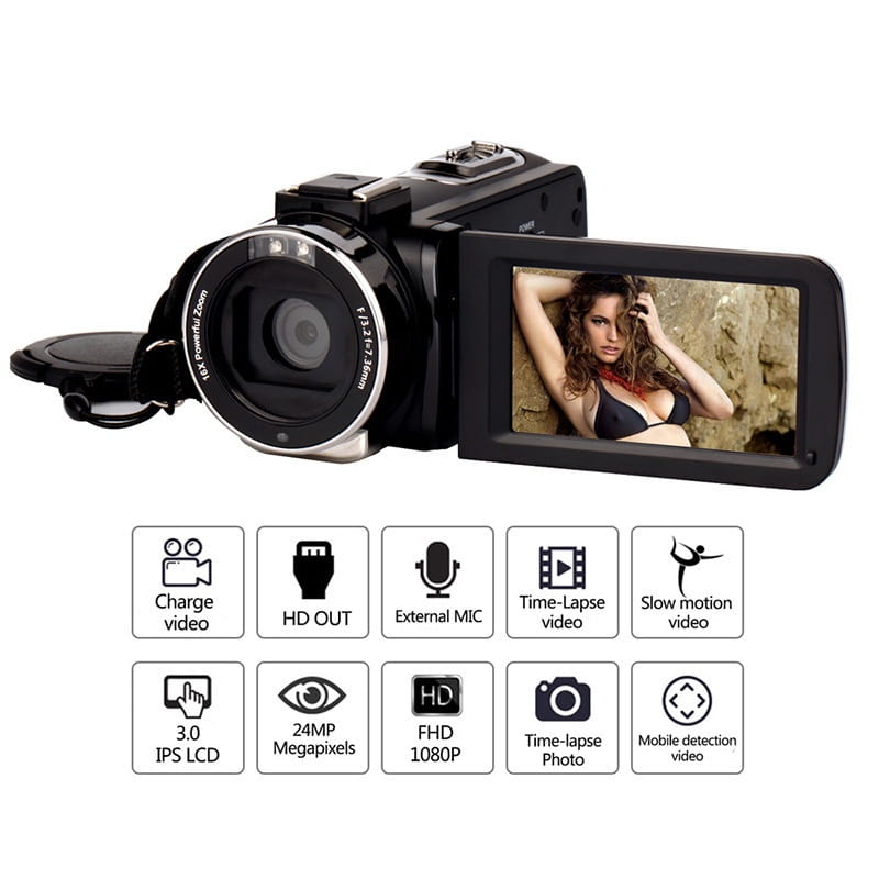 Standard black english 2.7k hd digital camcorder dv06s with a black body, silver-accented lens, flip-out 3.0-inch ips lcd screen showing a woman in a bikini, featuring 24mp megapixels and fhd 1080p recording.