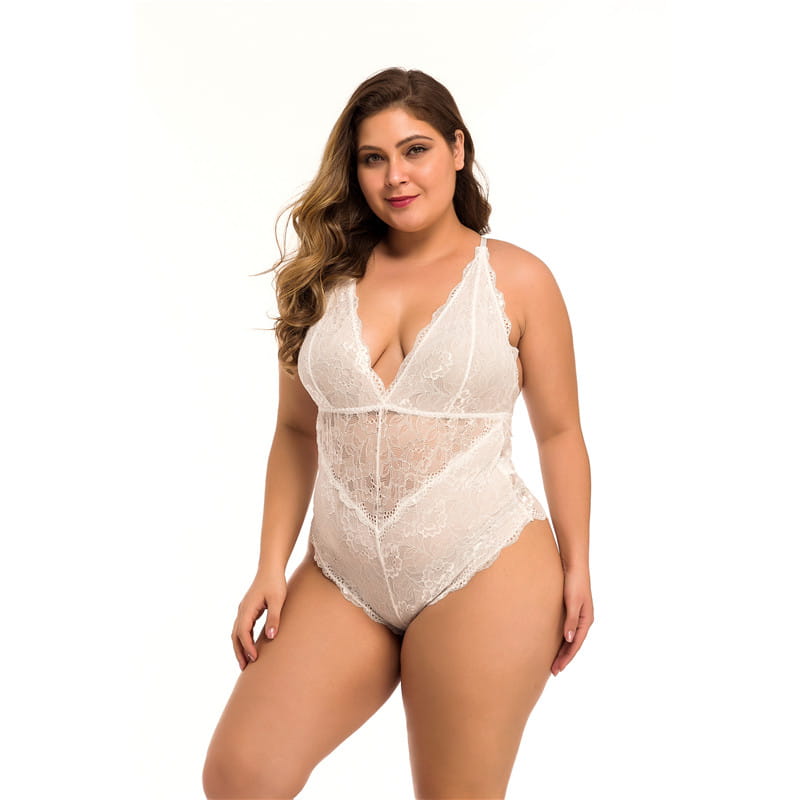 white lace bodysuit with a deep v-neckline and delicate floral patterns featuring plus size lace meshsexy lingerie design