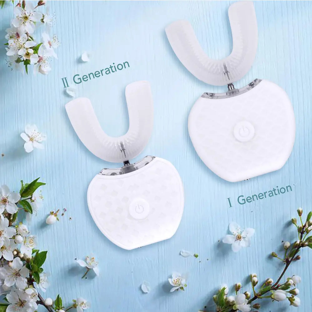 White apple-shaped ultrasonic electric toothbrush charger with u-shaped brush head labeled ii generation and i generation for automatic tooth cleaner use.
