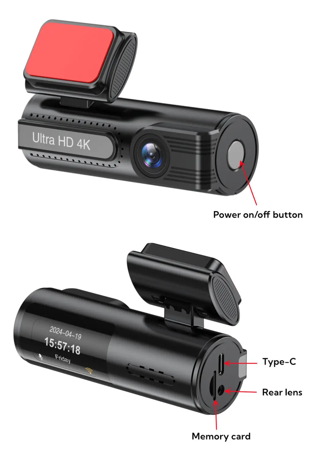 Black cylindrical dash cam with red adhesive mounting pad labeled ultra hd 4k featuring rear dual lens technology for night vision lipstick machine use.