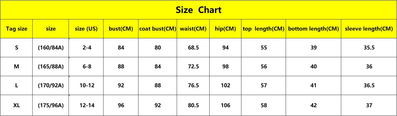 Size chart for rainbow multi pocket women’s clothing suits skirt showing measurements in centimeters across sizes S through XL for women’s clothing suits.