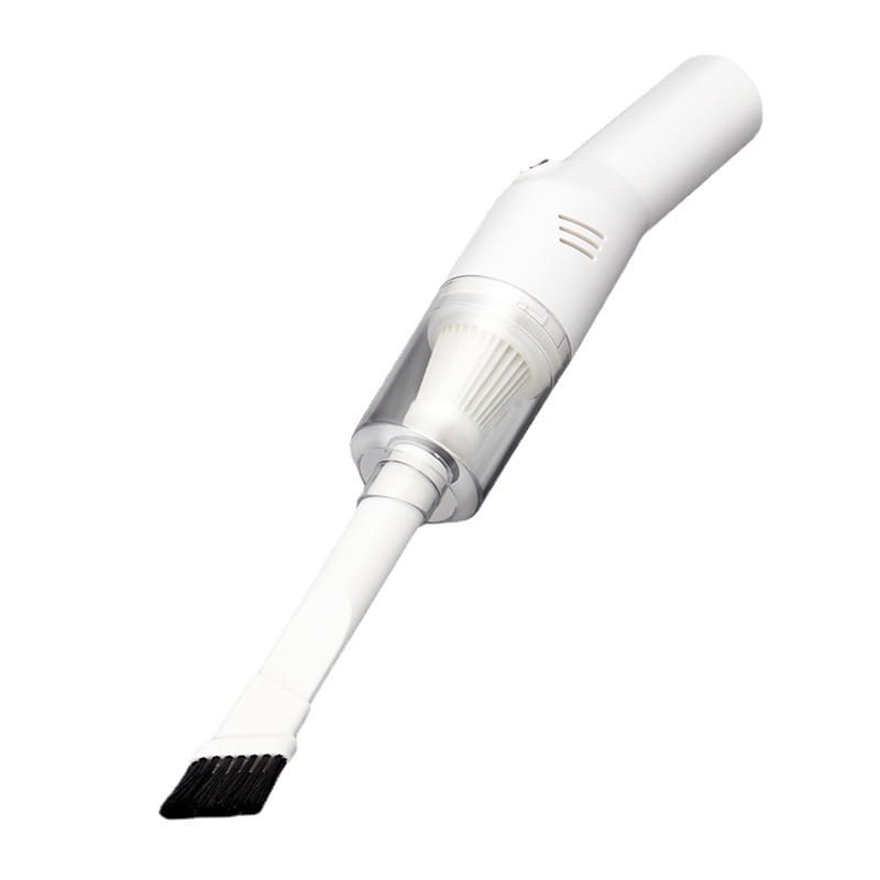 white portable wet dry car vacuum cleaner with transparent dust collection chamber and black bristle attachment for efficient cleaning