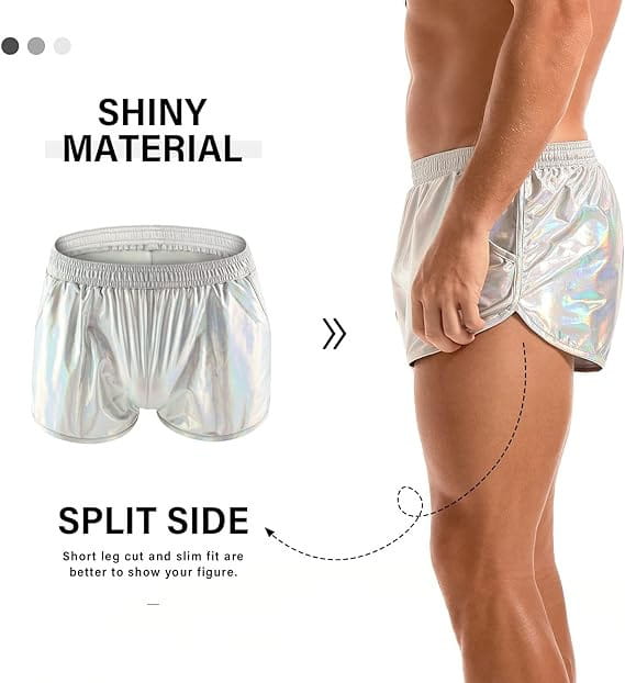 Emerald metallic mens loose casual shorts in shiny silver holographic material with a split side design for a loose casual trendy look.