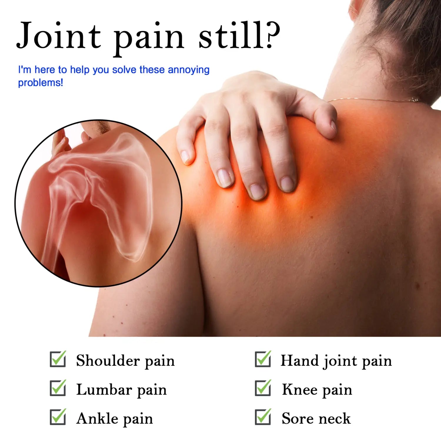 a woman’s shoulder highlighted in orange to indicate joint pain with a hand resting on it demonstrating the use of propolis joint care gel for muscle pain relief