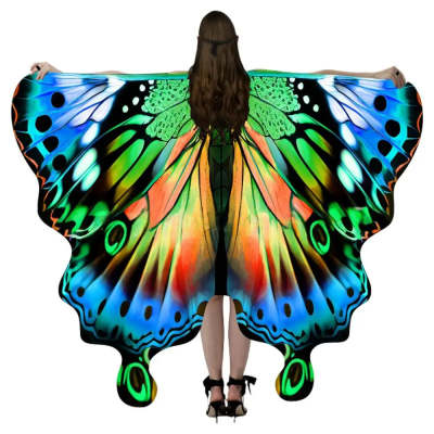 vibrant iridescent butterfly talma halloween costume cape featuring detailed green blue orange and black patterns resembling an american butterfly talma wing design
