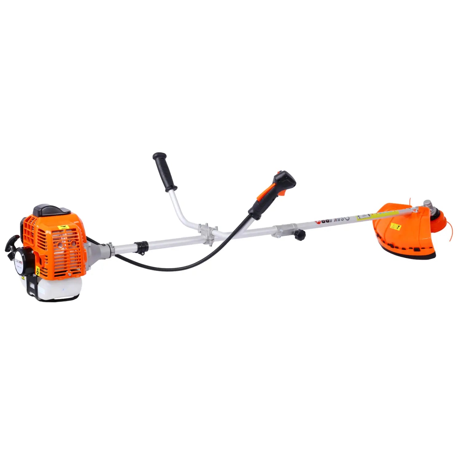 Orange and black gasoline-powered brush cutter with a silver metal shaft and adjustable handle designed as plastic pruning tools for efficient plastic pruning tasks.