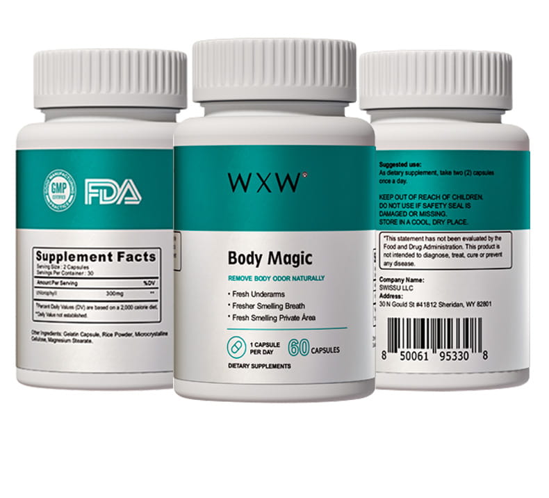 white plastic bottle with teal and white label featuring the brand name wxx and product title body magic containing certified gmp fda chlorophyll capsules designed as dietary supplements to remove body odor naturally