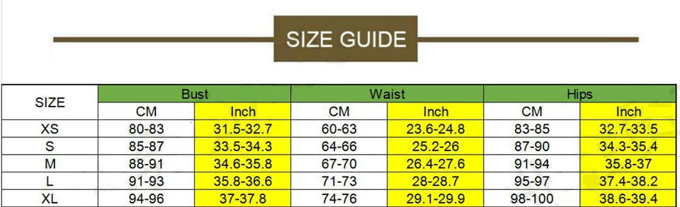 A detailed size guide chart displaying bust waist and hip measurements in centimeters and inches for sizes xs to xl of the royal blue siren ji sequin high slit dress.