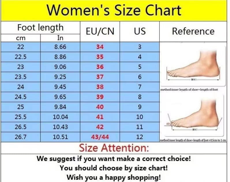 Women’s size chart for platform knee high elastic leather boots featuring a blue and yellow table with foot length measurements in cm and inch alongside EU CN and US sizes with reference illustrations of feet.