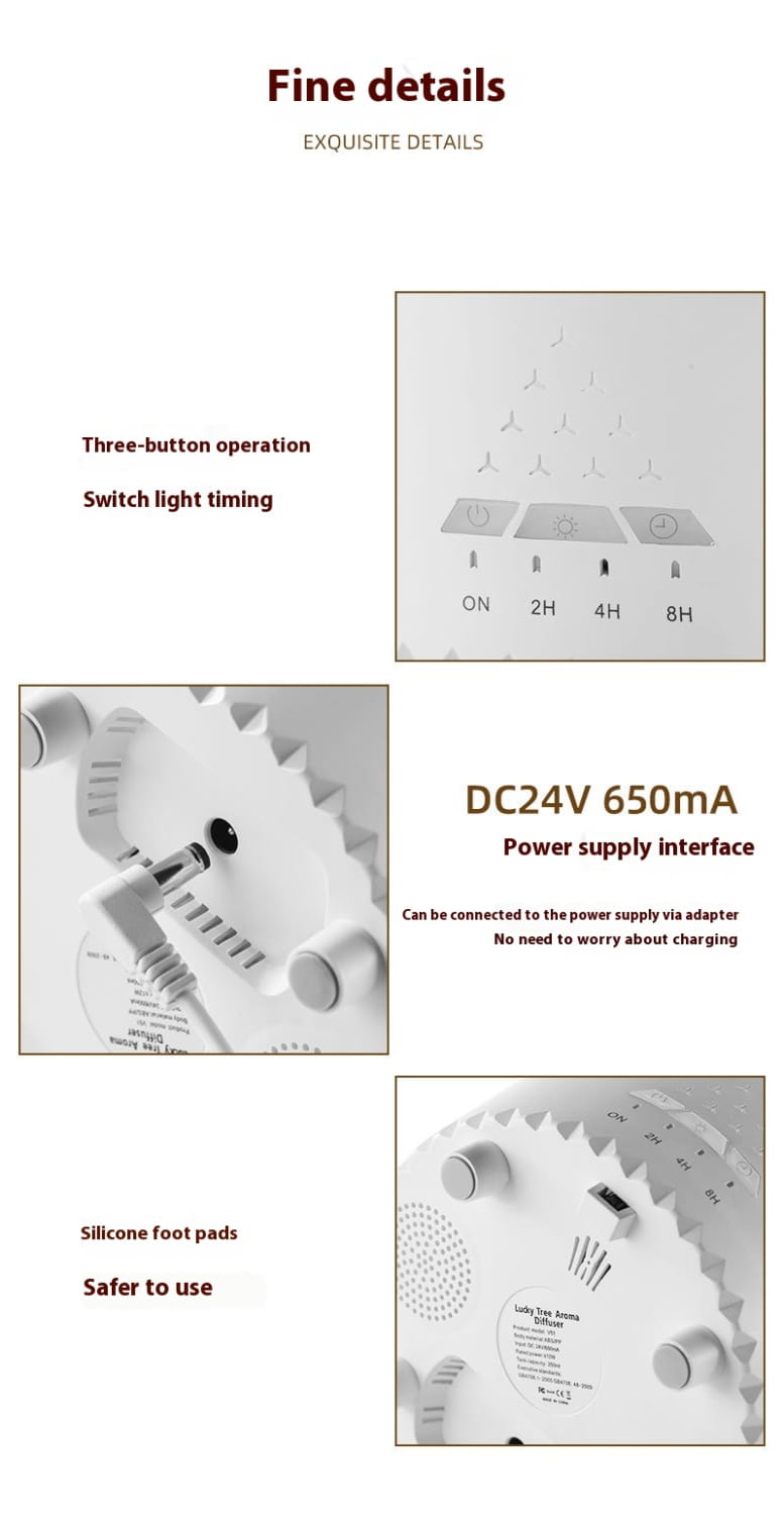 white circular led light fixture with three-button control for timing settings and dc24v power supply interface on the back side of a christmas tree essential oil aroma diffuser humidifier designed for essential oil aroma diffusion