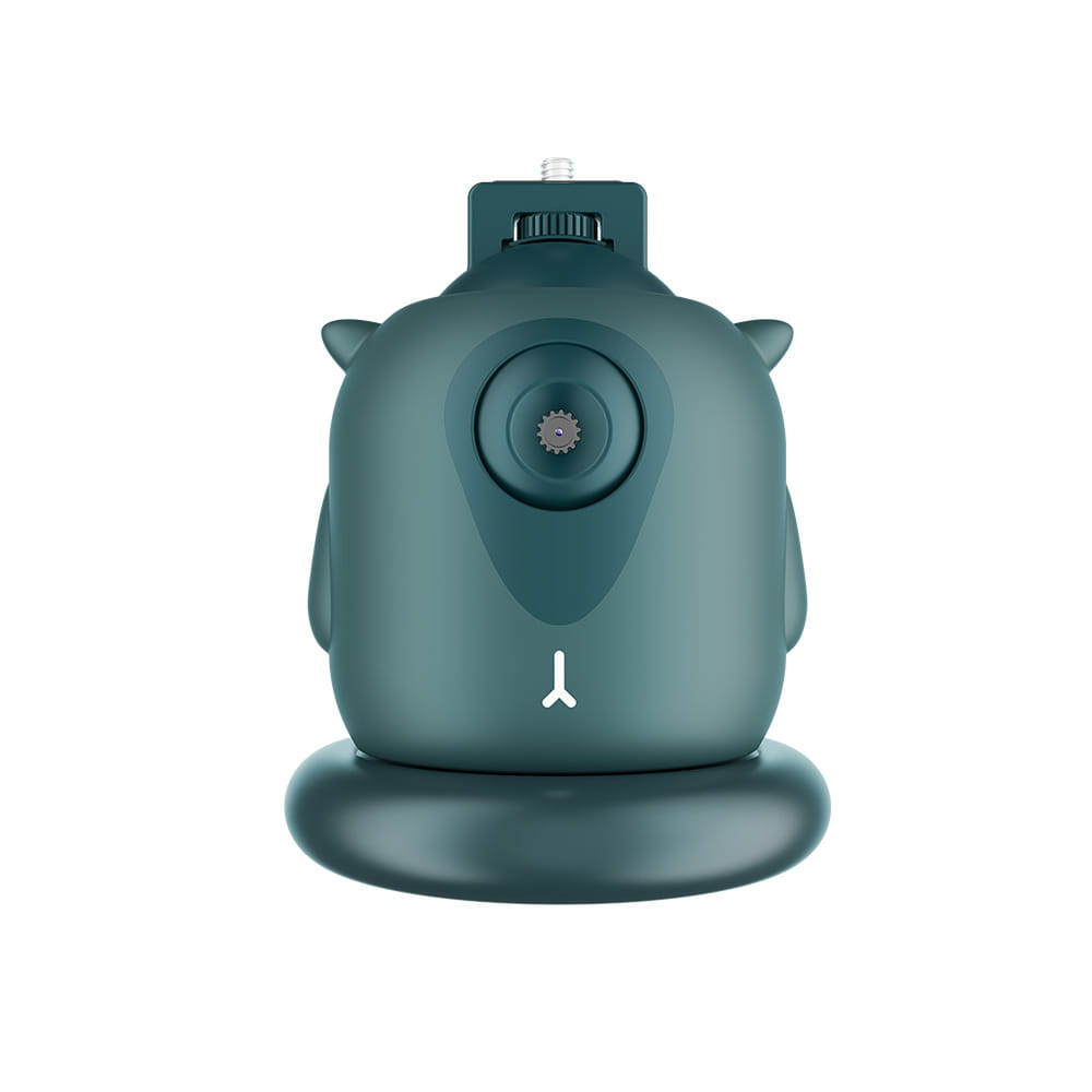 teal-colored owl-shaped camera with a matte finish and small ears featuring gimbal ai face recognition and intelligent follow-up technology.