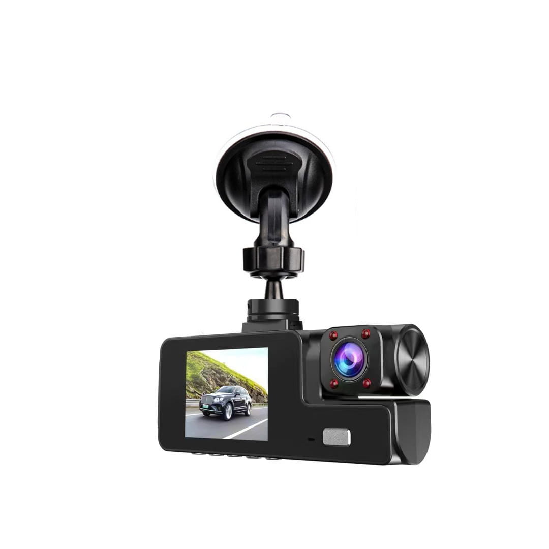 black dual lens dash cam video recorder with suction cup mount and small screen displaying a road scene