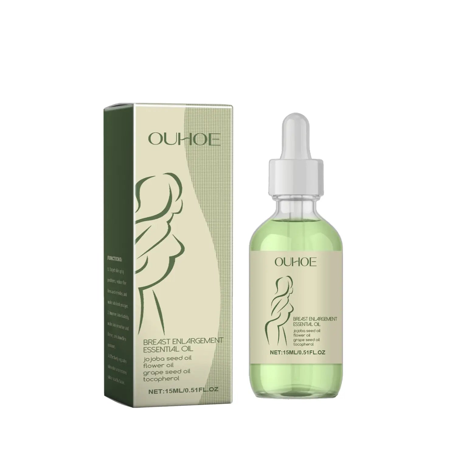 Ouhooe beauty milk oil breast enlargement essence in a clear glass bottle with white dropper cap containing light green milk oil liquid.