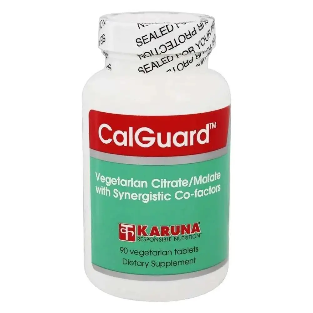 White plastic bottle of calguard calcium citrate malate dietary supplement with red and green label vegetarian tabs health