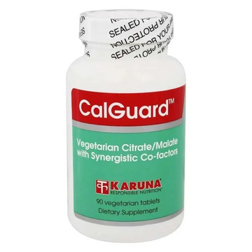 White plastic bottle of calguard calcium citrate malate dietary supplement with red and green label vegetarian tabs health