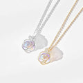 Two rose pendant necklaces in silver and gold with iridescent shell centers and diamond accents camellia advanced design