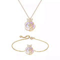 Camellia advanced design silver rose necklace set with gold-toned chains and lavender mother-of-pearl rose pendant