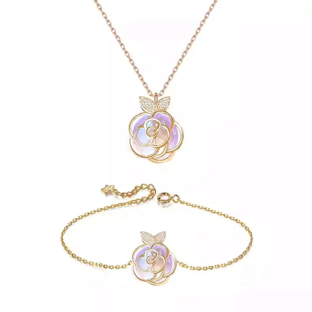 Camellia advanced design silver rose necklace set with gold-toned chains and lavender mother-of-pearl rose pendant