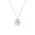 Camellia advanced design silver rose necklace with delicate gold chain and rose pendant featuring mother-of-pearl petals and diamond leaves