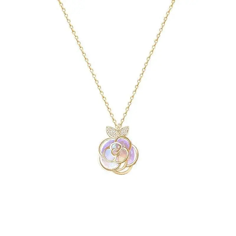 Camellia advanced design silver rose necklace with delicate gold chain and rose pendant featuring mother-of-pearl petals and diamond leaves