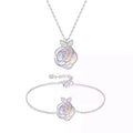 Camellia advanced design silver rose necklace and bracelet set featuring iridescent mother-of-pearl and crystal accents