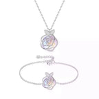 Camellia advanced design silver rose necklace and bracelet set featuring iridescent mother-of-pearl and crystal accents
