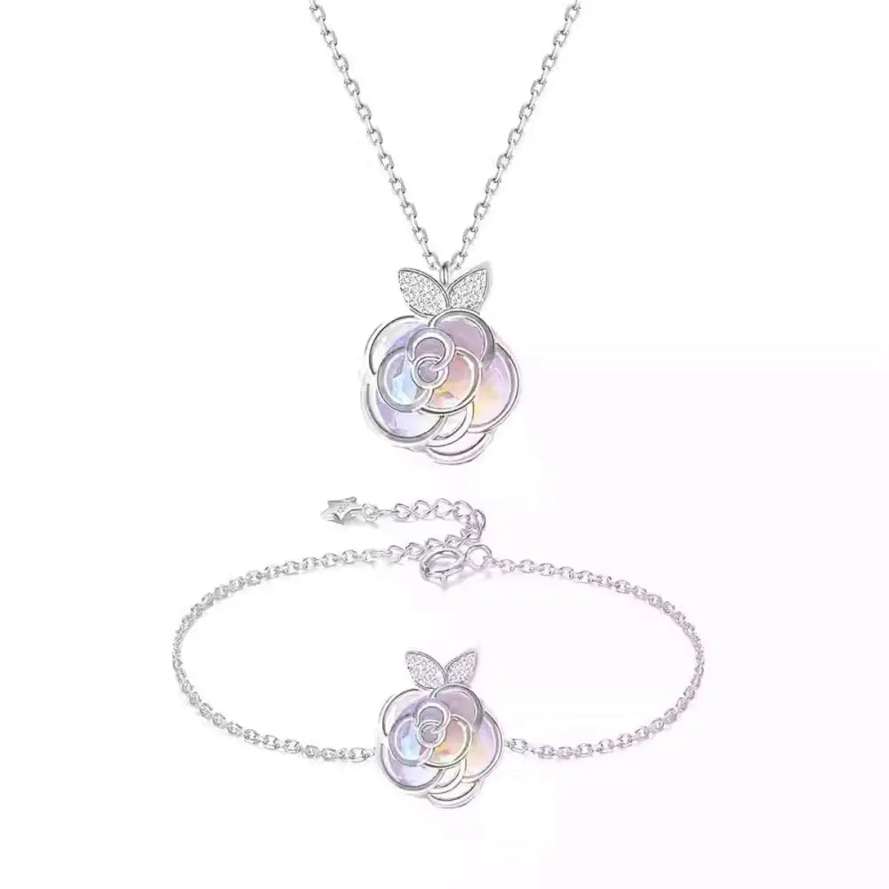 Camellia advanced design silver rose necklace and bracelet set featuring iridescent mother-of-pearl and crystal accents
