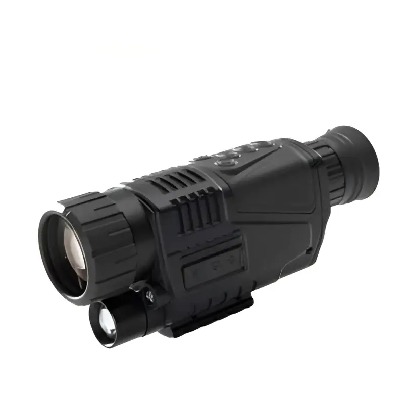 Black digital night vision telescope with textured grip and integrated led light for tactical use