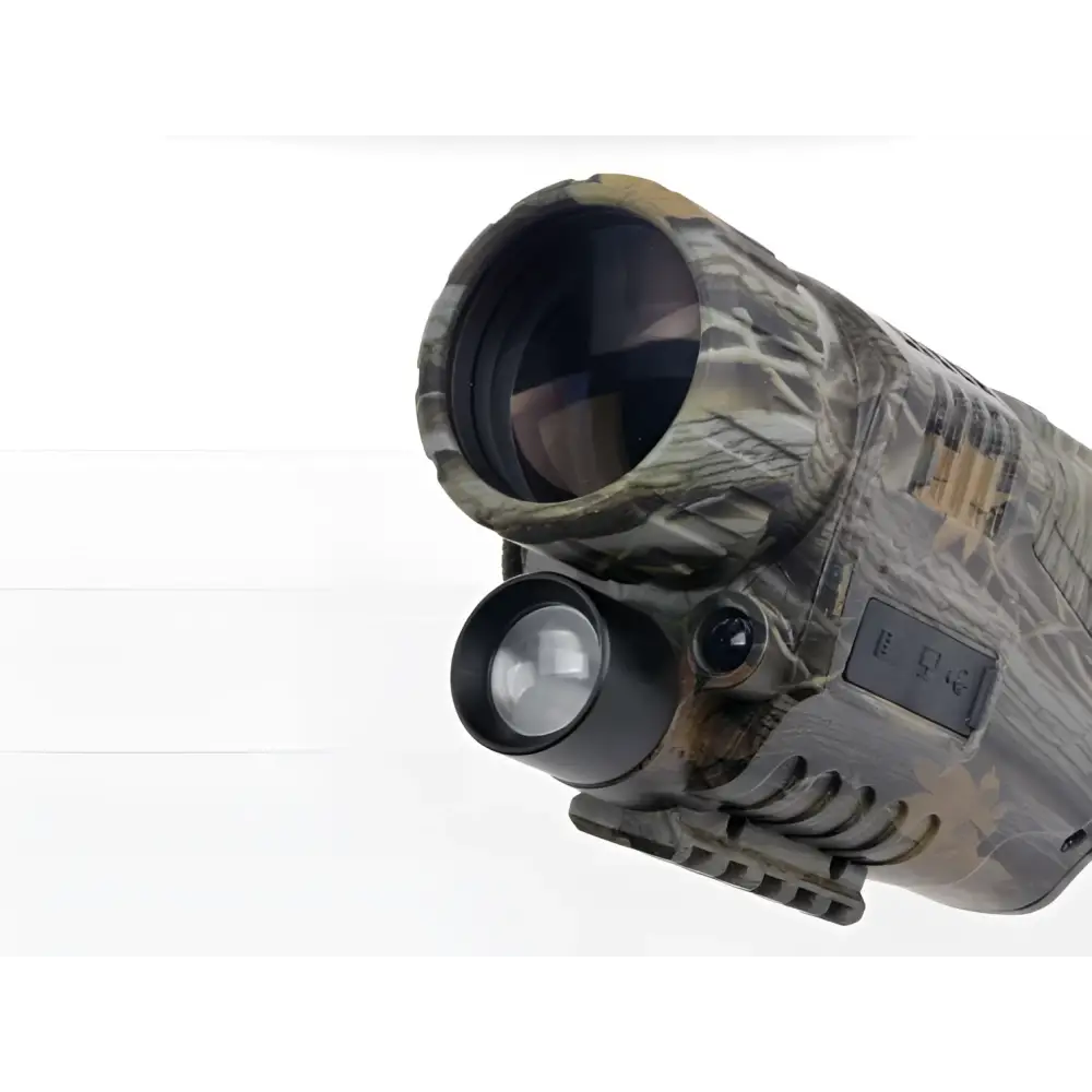 Camouflage digital night vision telescope with textured grip and black flashlight attachment for enhanced visibility