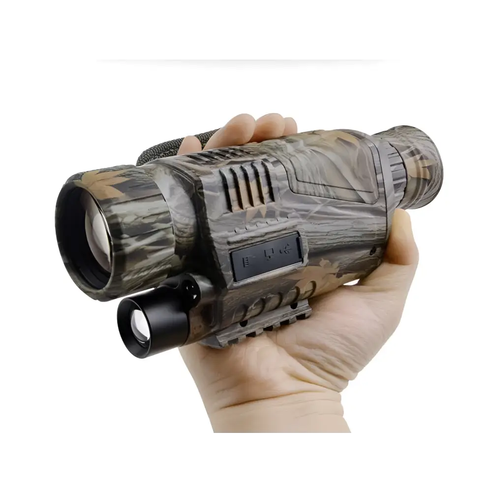 Camouflage-patterned night vision monocular with a black front lens and side-mounted flashlight.