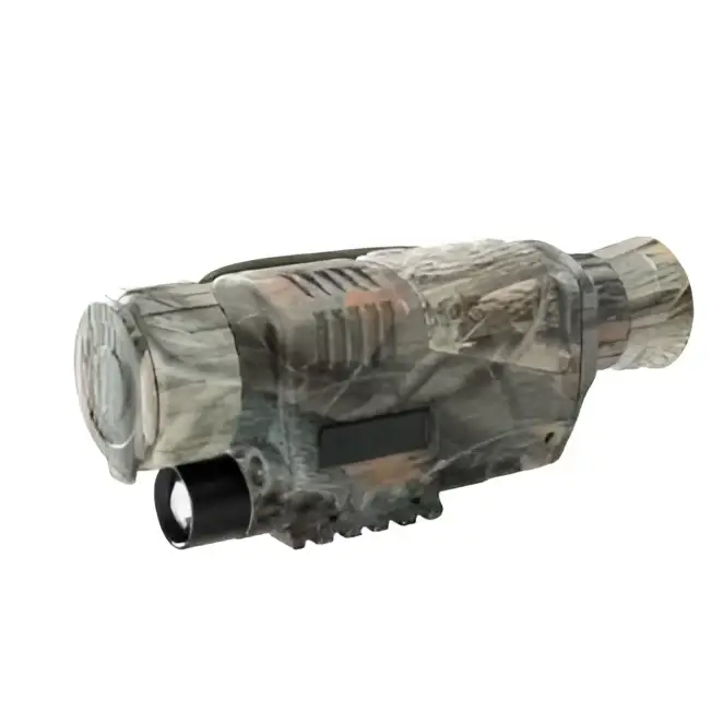 Camouflage digital night vision telescope with textured grip and black lens for enhanced night vision use