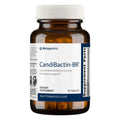 Brown glass bottle with white ribbed cap and blue accented label of candibactin br health tablets by metagenics