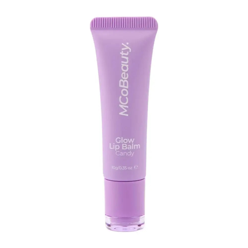 Purple mcobeauty glow lip balm candy nourishing glow lip balm with moisturizing formula in a sleek matte tube