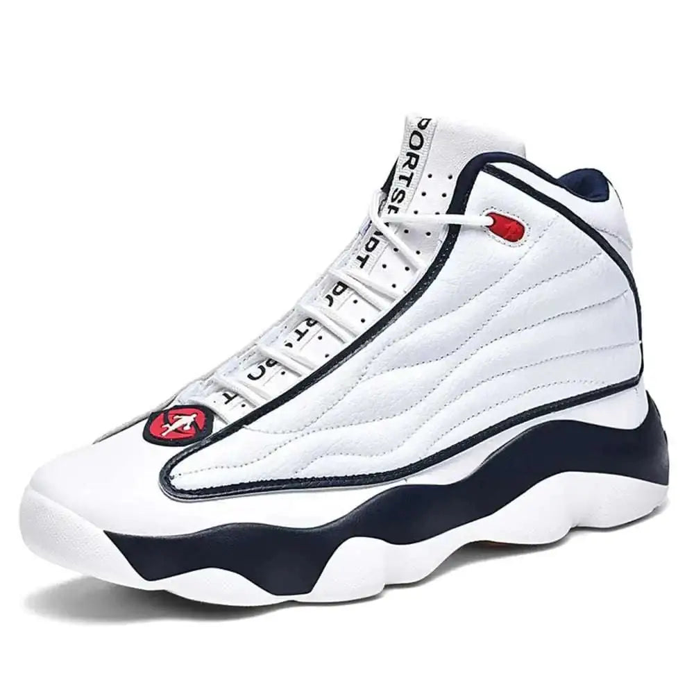 White caouduo mens shoes casual running walking high tops with quilted leather upper navy blue and red detailing