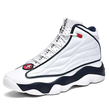 White caouduo mens shoes casual running walking high tops with quilted leather upper navy blue and red detailing