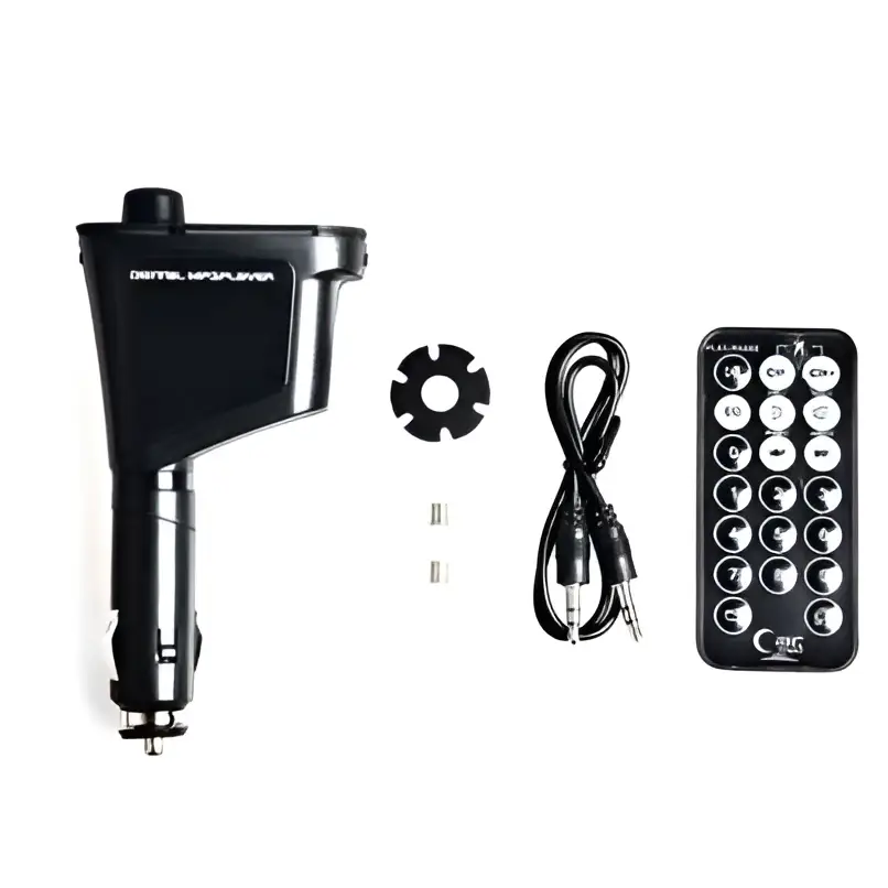 Black car kit mp3 player wireless fm transmitter with red accents and matching remote control for easy car audio use