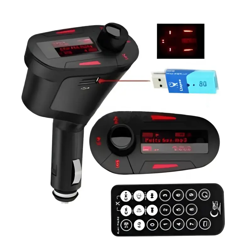 Black car kit mp3 player wireless fm transmitter with red accents and usb flash drive for mp3 playback