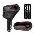 Black car kit mp3 player wireless fm transmitter with red accents and matching remote control for easy car audio use