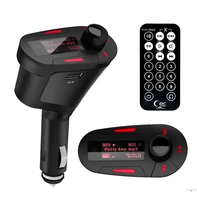 Black car kit mp3 player wireless fm transmitter with red accents and matching remote control for easy car audio use