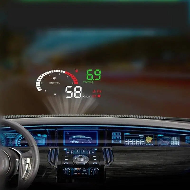 A sleek car mounted HUD speedometer projecting vibrant green and white digital readouts of speed and rpm