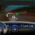 A sleek car mounted HUD speedometer projecting vibrant green and white digital readouts of speed and rpm