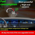 A sleek mounted hud speedometer projecting green digital readouts of speed and fuel consumption onto the windshield