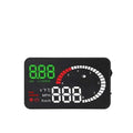 Black rectangular car mounted hud speedometer with green and white digital readouts showing speed temperature and tachometer