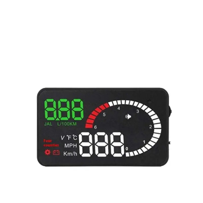 Black rectangular car mounted hud speedometer with green and white digital readouts showing speed temperature and tachometer
