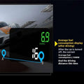 Digital dashboard display of a car mounted hud speedometer fuel consumption projector showing bright green digital readouts