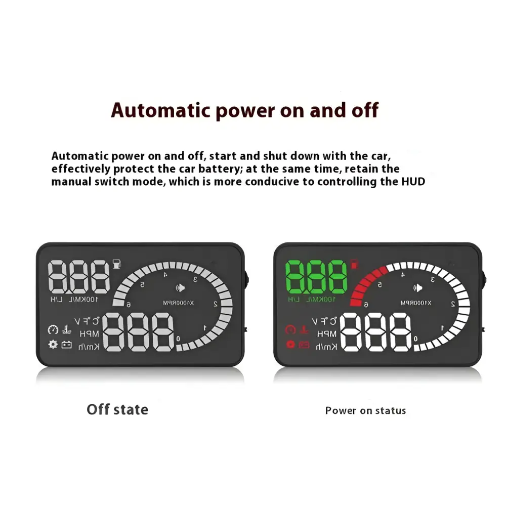 Black digital car mounted hud speedometer with green and white led digital readouts for speed rpm and fuel consumption projector