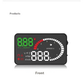 Black digital car mounted hud speedometer with green white led digital readouts and red tachometer dial fuel consumption projector