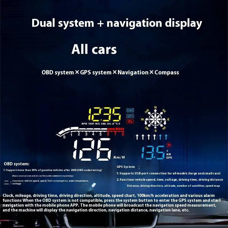 Digital car mounted hud speedometer and fuel consumption projector with illuminated yellow digital readouts for speed and time
