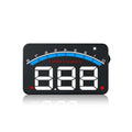 Black digital car mounted hud speedometer with blue arc white led numerals 88.8 and fuel consumption projector