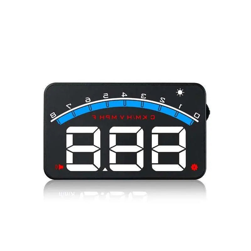 Black digital car mounted hud speedometer with blue arc white led numerals 88.8 and fuel consumption projector